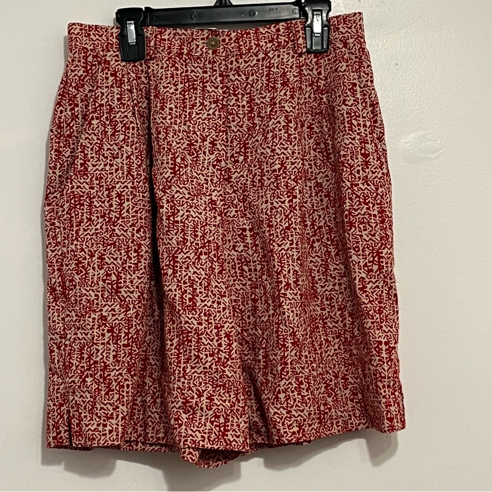 PINE COVE Women Pleated Hi Rise Shorts Rayon Linen Red Tan Print Pockets Size 6